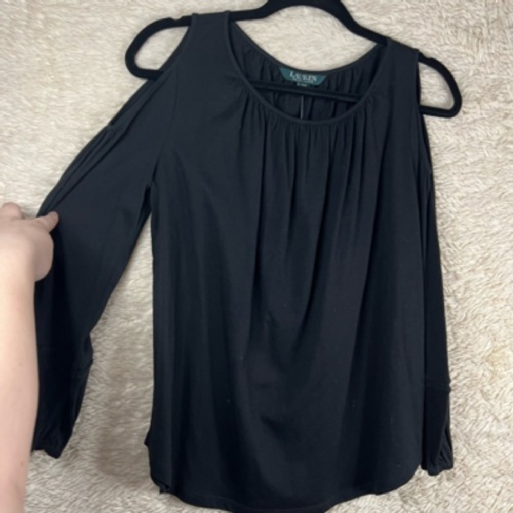 LRL Ralph Lauren Womens Blouse Black Cold‎ Shoulder Sleeve Scoop Neck XXS New